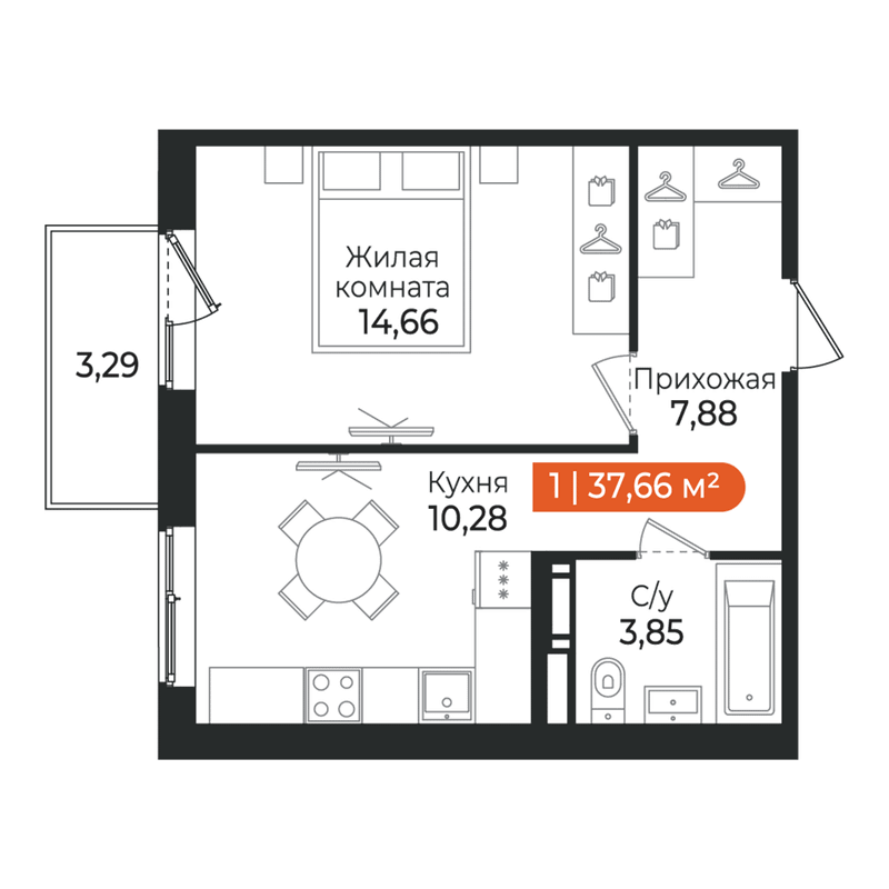 1-комнатная квартира, 37.66 м² в ЖК "Алгоритм Квинта" - планировка, фото №1