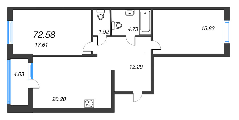 3-комнатная (Евро) квартира, 72.58 м² - планировка, фото №1