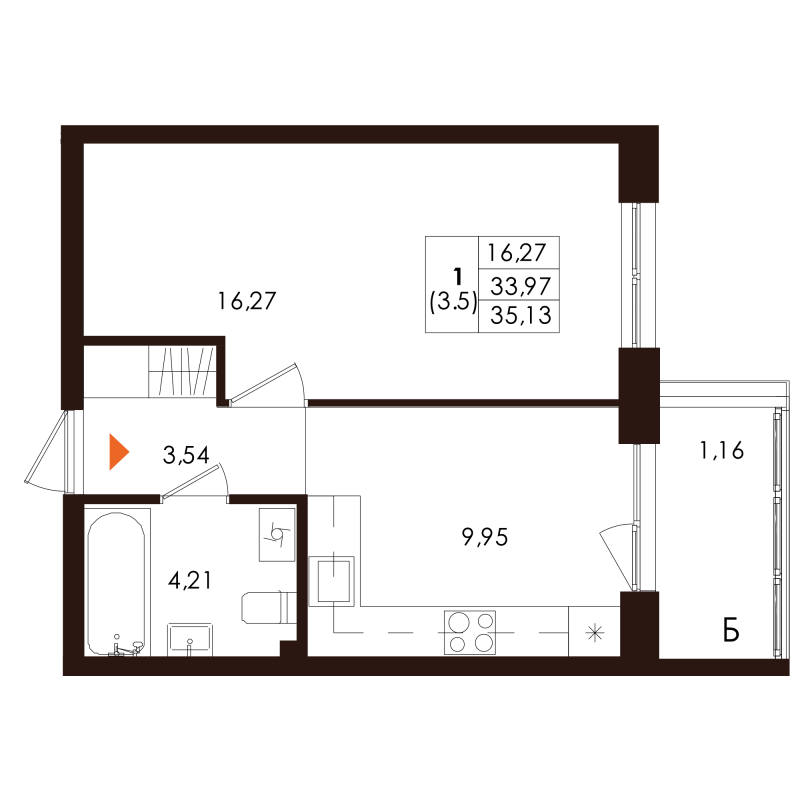 1-комнатная квартира, 35.13 м² - планировка, фото №1