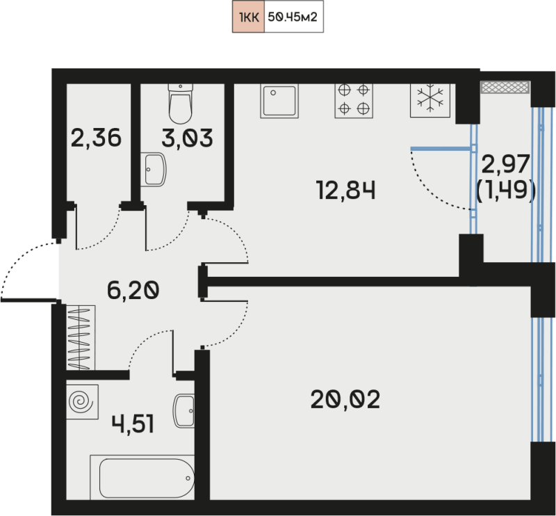 1-комнатная квартира, 50.45 м² - планировка, фото №1