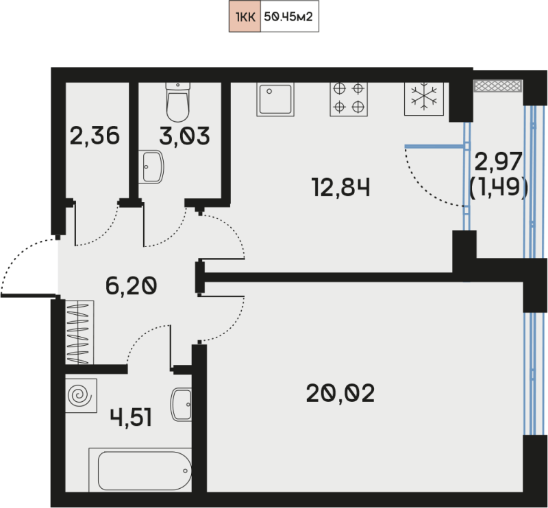 1-комнатная квартира, 50.45 м² в ЖК "Дом Регенбоген" - планировка, фото №1