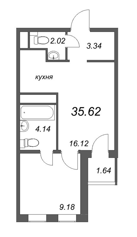 2-комнатная (Евро) квартира, 35.62 м² - планировка, фото №1