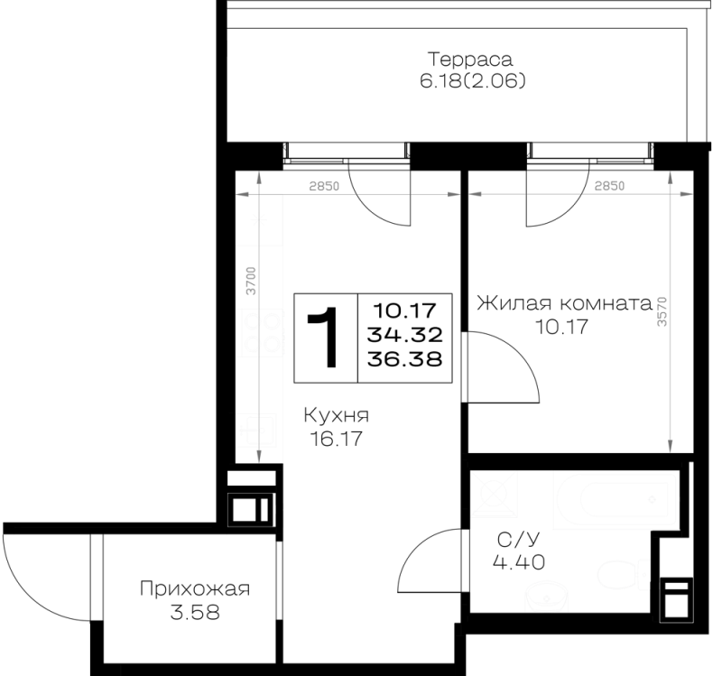 2-комнатная (Евро) квартира, 36.38 м² в ЖК "Борский" - планировка, фото №1