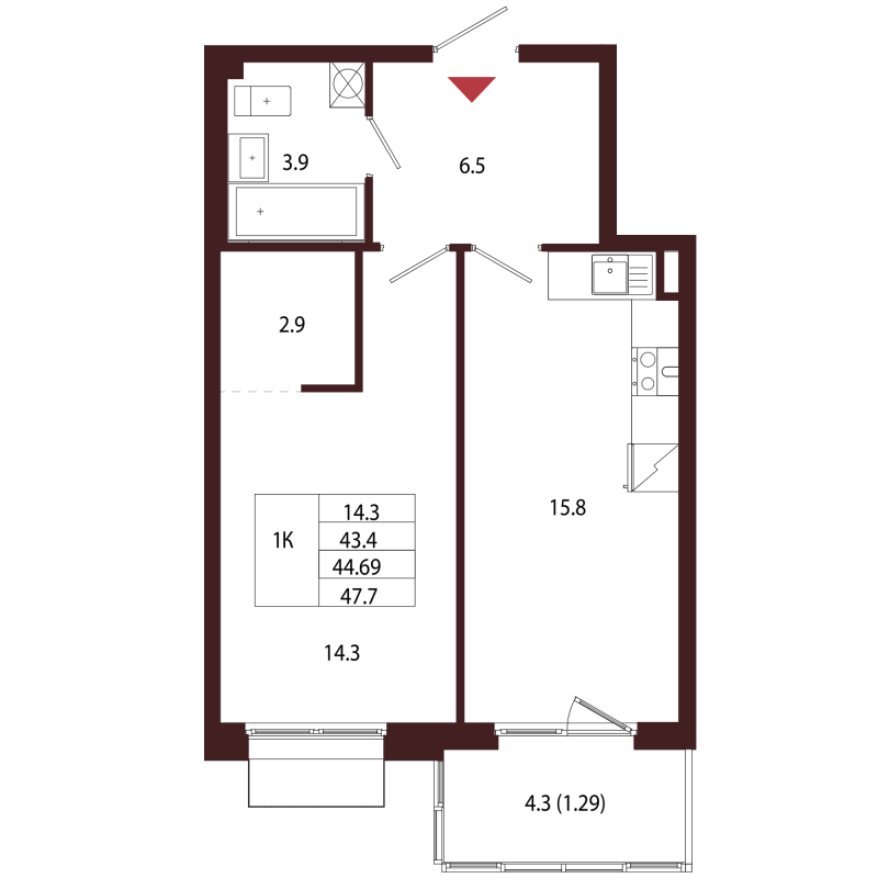 2-комнатная (Евро) квартира, 44.69 м² в ЖК "Лисино" - планировка, фото №1