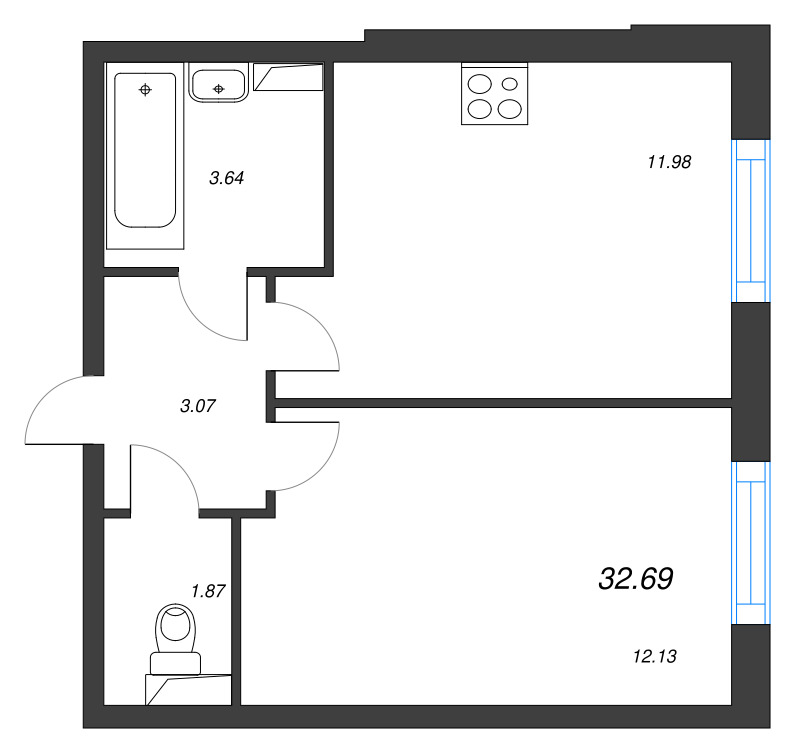 1-комнатная квартира, 32.69 м² в ЖК "Кинопарк" - планировка, фото №1