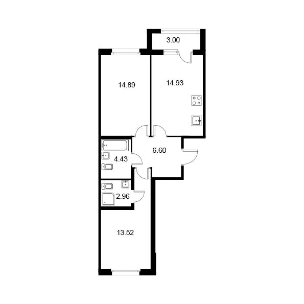 2-комнатная квартира, 58.83 м² - планировка, фото №1