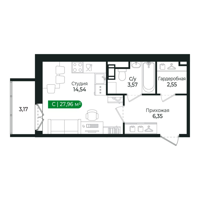 Квартира-студия, 26.8 м² в ЖК "Сертолово Парк" - планировка, фото №1