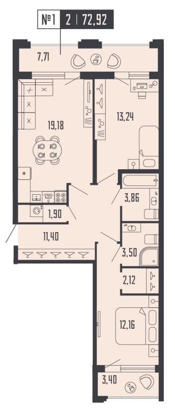 3-комнатная (Евро) квартира, 72.92 м² - планировка, фото №1