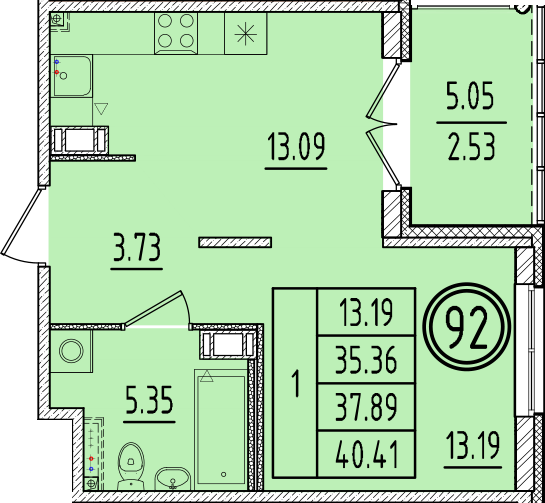 1-комнатная квартира, 35.36 м² в ЖК "Образцовый квартал 6.4" - планировка, фото №1