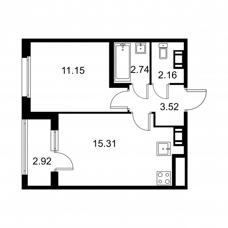 2-комнатная (Евро) квартира, 36.34 м² в ЖК "Квартал Заречье" - планировка, фото №1