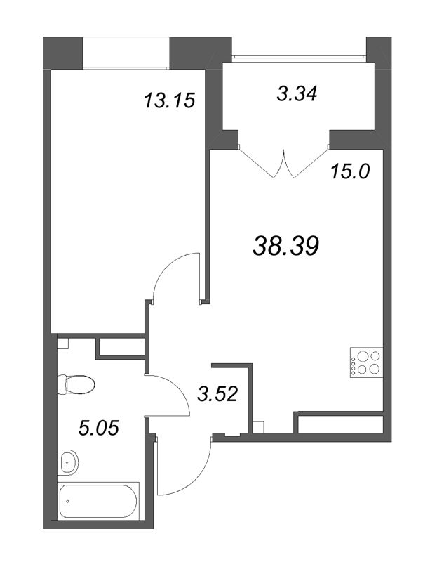 2-комнатная (Евро) квартира, 38.39 м² в ЖК "Ranta Residence" - планировка, фото №1