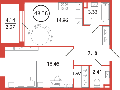 1-комнатная квартира, 48.38 м² - планировка, фото №1