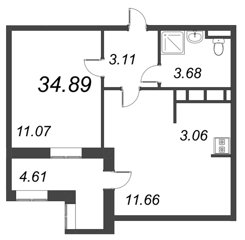 1-комнатная квартира, 34.89 м² в ЖК "Курортный Квартал" - планировка, фото №1