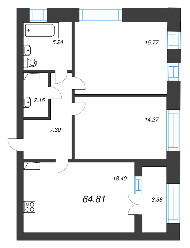 2-комнатная квартира, 64.81 м² - планировка, фото №1
