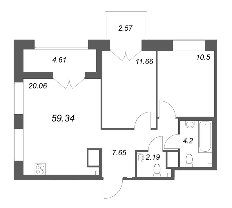 3-комнатная (Евро) квартира, 59.34 м² - планировка, фото №1