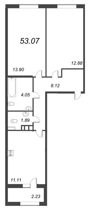 2-комнатная квартира, 53.07 м² - планировка, фото №1