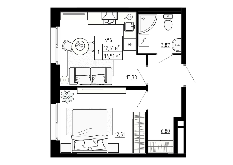 1-комнатная квартира, 36.51 м² в ЖК "Аннино Сити" - планировка, фото №1