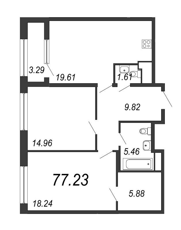 3-комнатная (Евро) квартира, 77.23 м² - планировка, фото №1