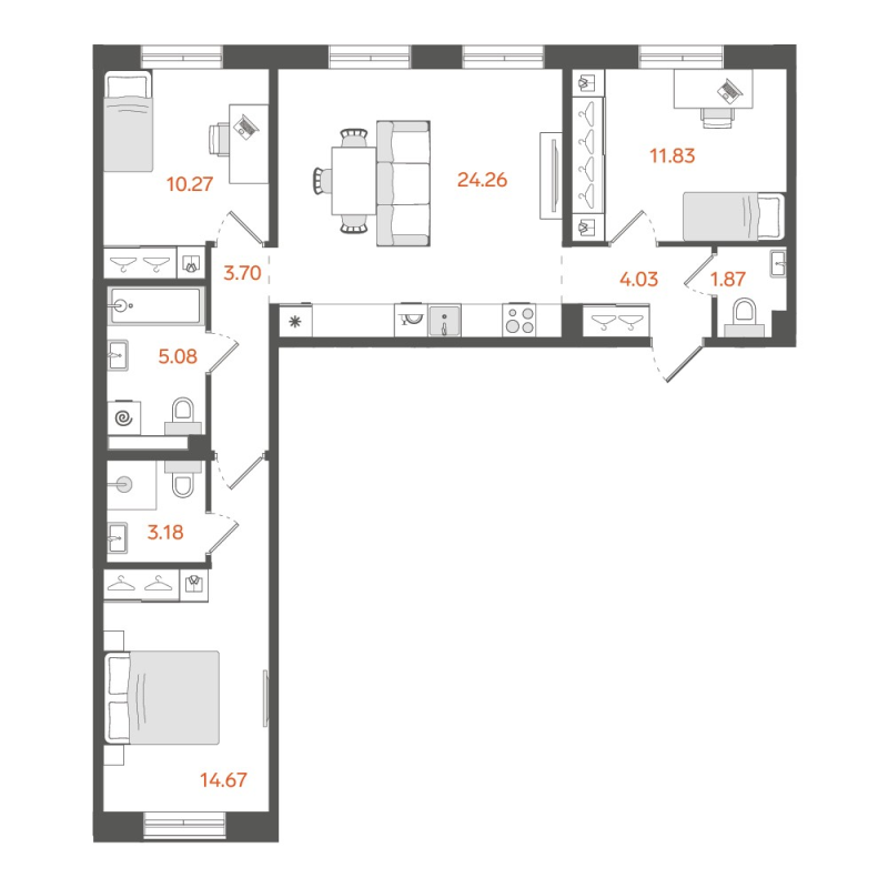 4-комнатная (Евро) квартира, 78.9 м² в ЖК "STAVNI Обводный" - планировка, фото №1