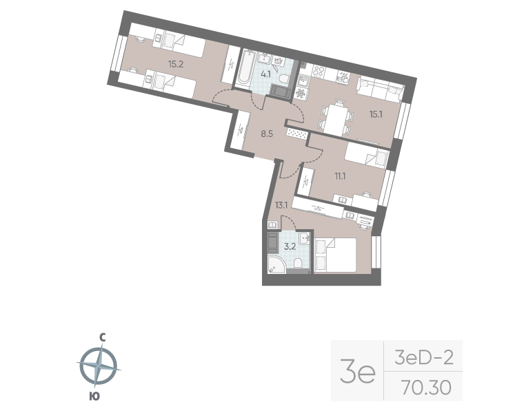 4-комнатная (Евро) квартира, 70.3 м² в ЖК "Большая Охта" - планировка, фото №1