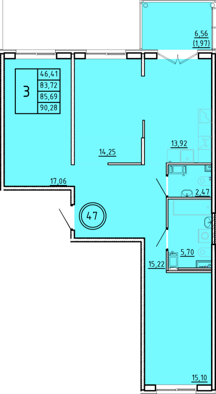 3-комнатная квартира, 83.72 м² в ЖК "Образцовый квартал 16" - планировка, фото №1