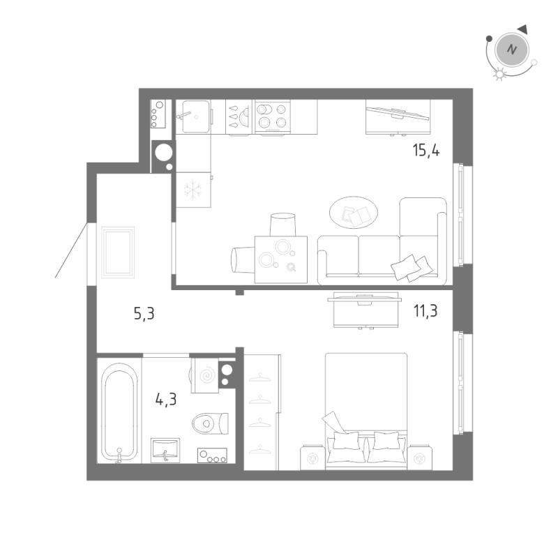 2-комнатная (Евро) квартира, 36.3 м² в ЖК "Клюква.Парк" - планировка, фото №1