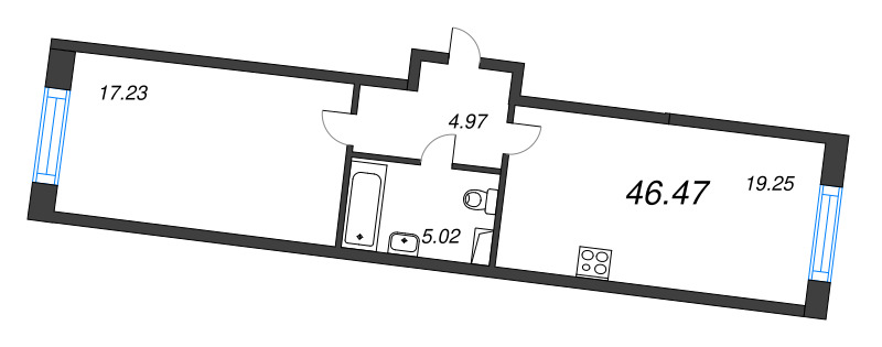 2-комнатная (Евро) квартира, 46.47 м² в ЖК "Остров Первых" - планировка, фото №1