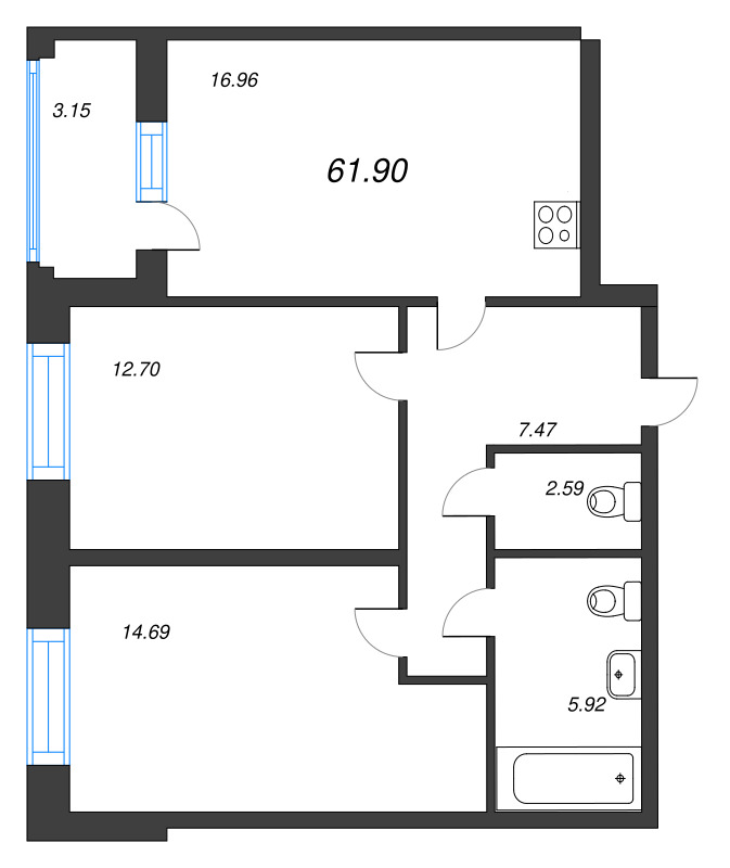 3-комнатная (Евро) квартира, 61.9 м² в ЖК "Аквилон Leaves" - планировка, фото №1