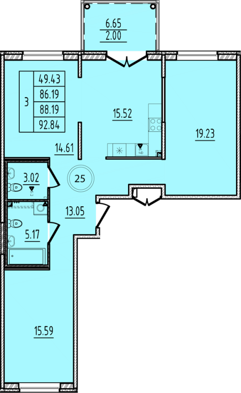3-комнатная квартира, 86.19 м² - планировка, фото №1
