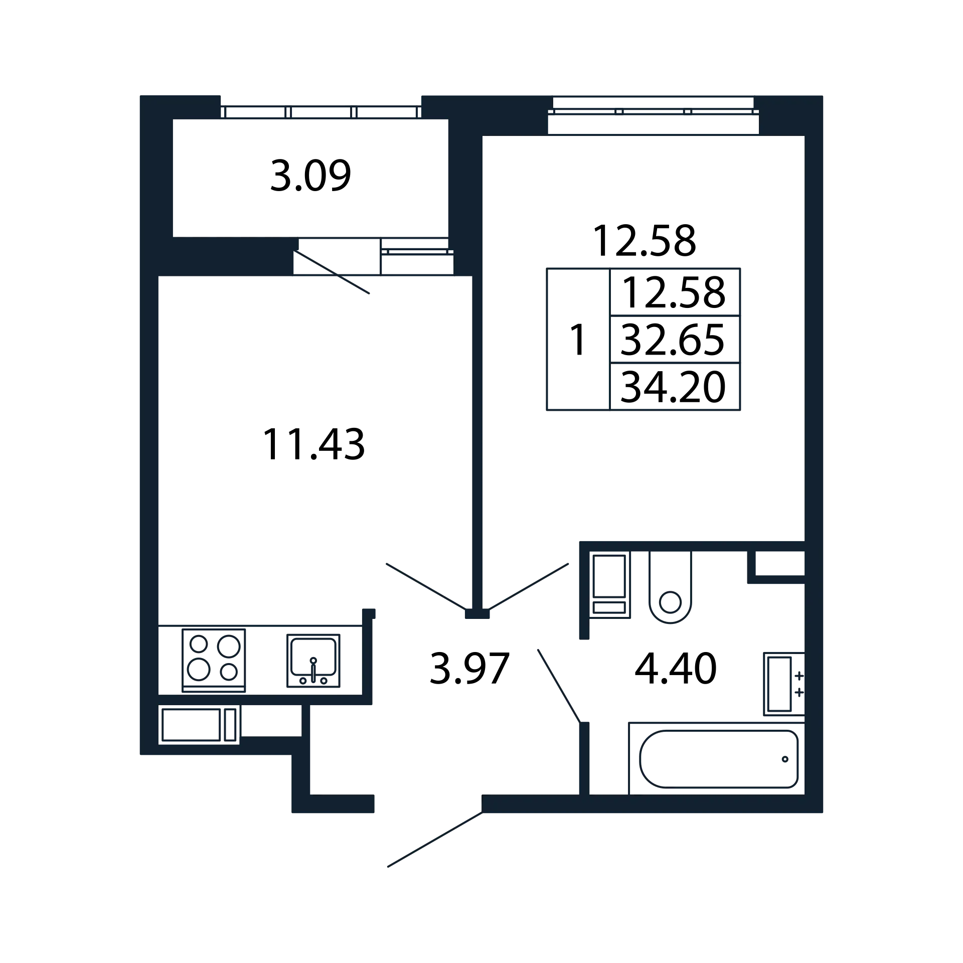 1-комнатная квартира, 32.65 м² - планировка, фото №1