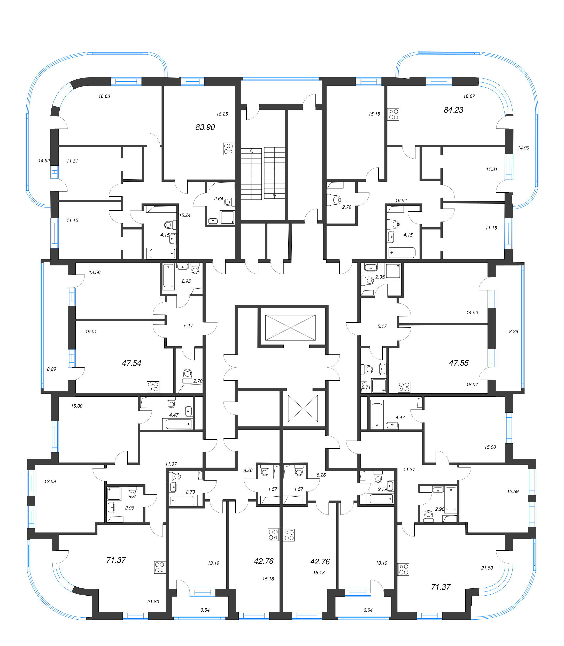 3-комнатная (Евро) квартира, 71.37 м² - планировка этажа