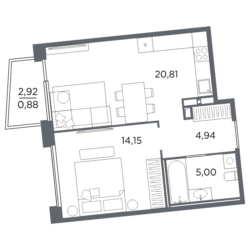 2-комнатная (Евро) квартира, 45.78 м² в ЖК "Акватория" - планировка, фото №1
