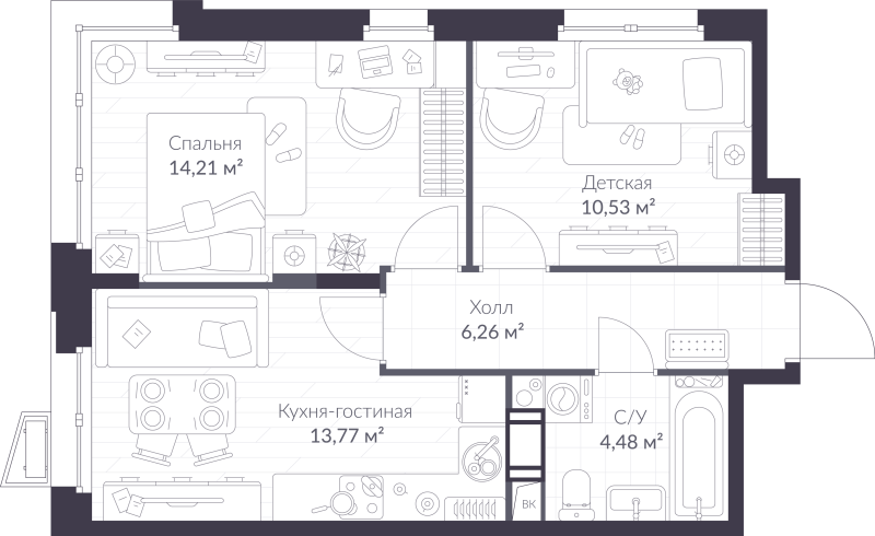 2-комнатная квартира, 49.25 м² - планировка, фото №1