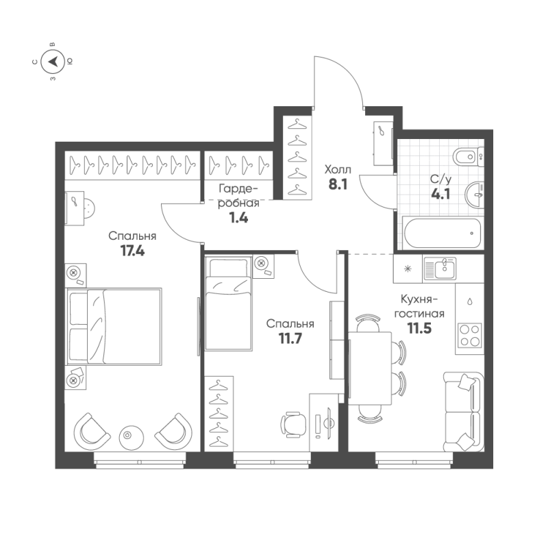 2-комнатная квартира, 54.2 м² в ЖК "Ягодное Река Парк" - планировка, фото №1