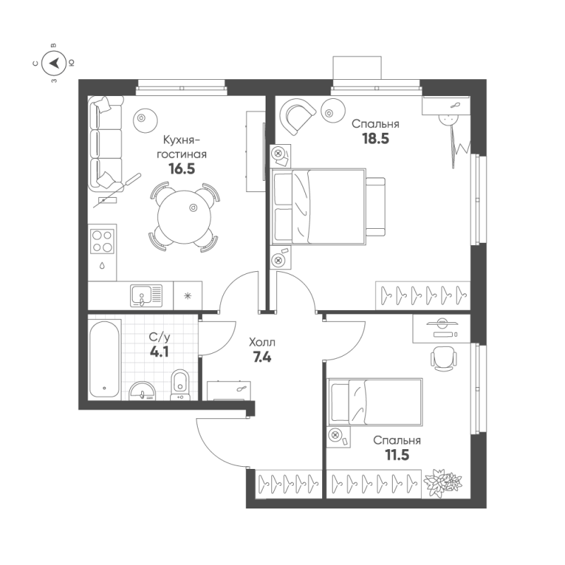 3-комнатная (Евро) квартира, 58 м² в ЖК "Ягодное Река Парк" - планировка, фото №1