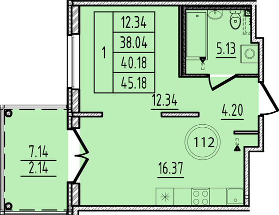 2-комнатная (Евро) квартира, 38.04 м² в ЖК "Образцовый квартал 14" - планировка, фото №1