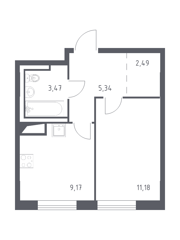 1-комнатная квартира, 31.65 м² - планировка, фото №1
