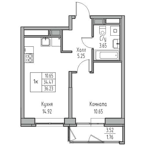 1-комнатная квартира, 36.23 м² в ЖК "Юнтолово" - планировка, фото №1