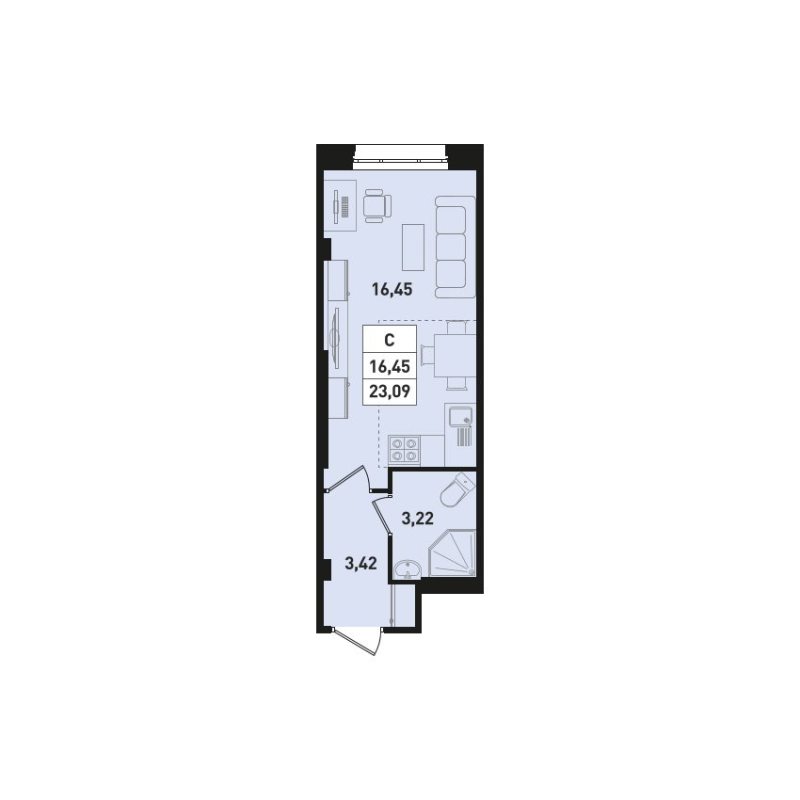 Квартира-студия, 23.09 м² в ЖК "Ромашки" - планировка, фото №1