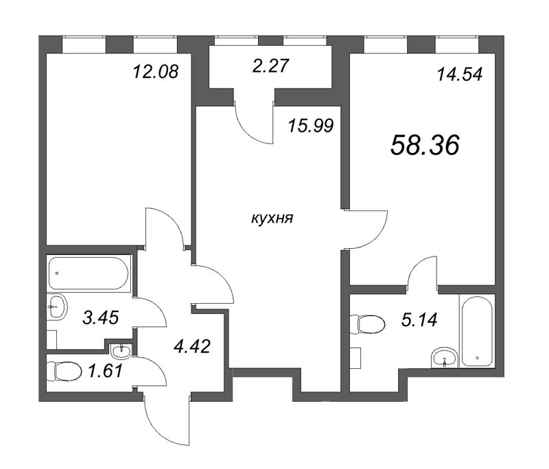 3-комнатная (Евро) квартира, 58.36 м² - планировка, фото №1
