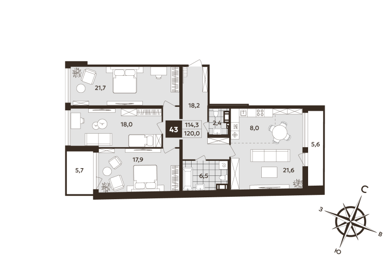 4-комнатная (Евро) квартира, 114.3 м² в ЖК "Дом на Бронницкой" - планировка, фото №1