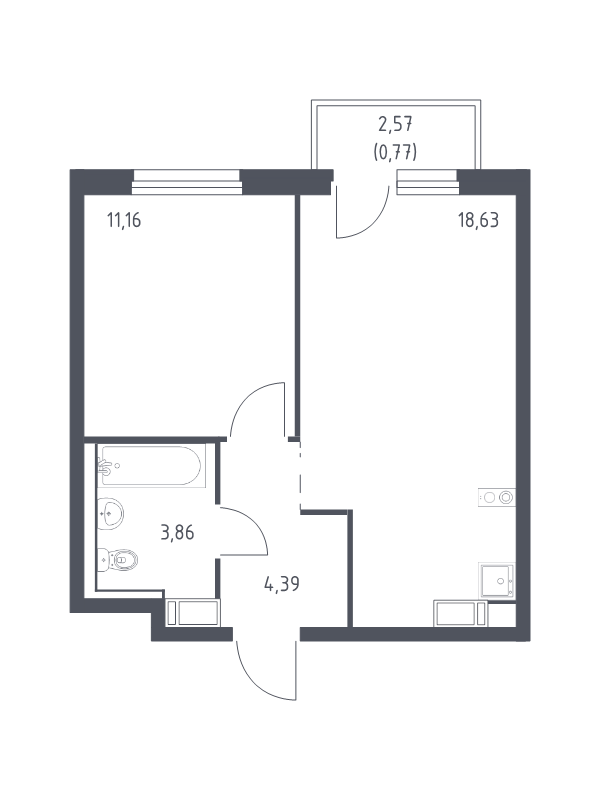 2-комнатная (Евро) квартира, 38.81 м² в ЖК "Квартал Торики" - планировка, фото №1