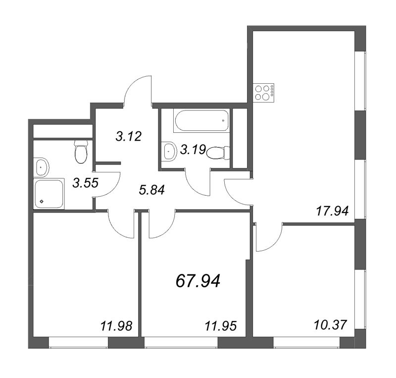4-комнатная (Евро) квартира, 67.94 м² - планировка, фото №1