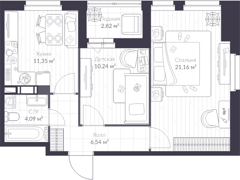 2-комнатная квартира, 55.5 м² в ЖК "VEREN NEXT шуваловский" - планировка, фото №1