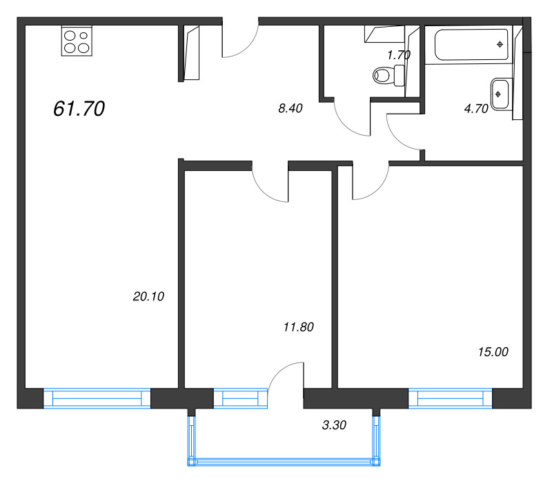 3-комнатная (Евро) квартира, 61.7 м² в ЖК "Руднева 15" - планировка, фото №1
