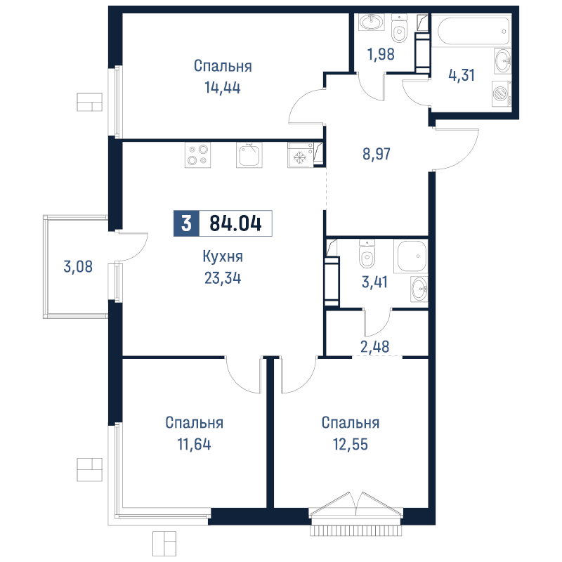 4-комнатная (Евро) квартира, 84.04 м² - планировка, фото №1