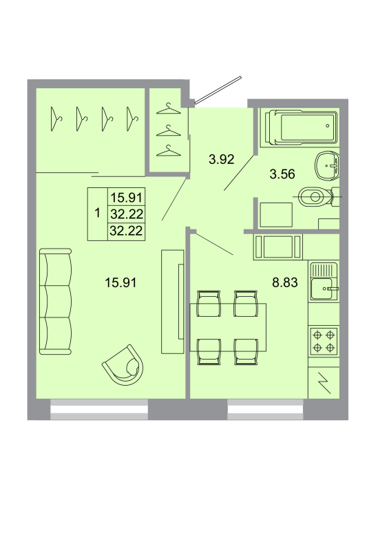 1-комнатная квартира, 31.2 м² в ЖК "Стороны света" - планировка, фото №1