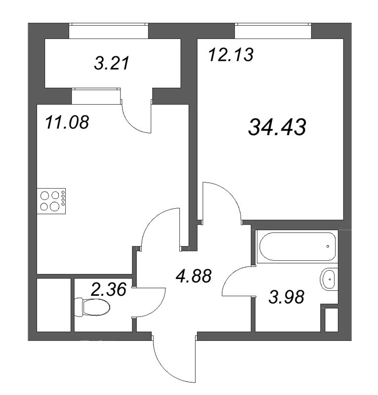1-комнатная квартира, 34.43 м² в ЖК "ЮгТаун" - планировка, фото №1