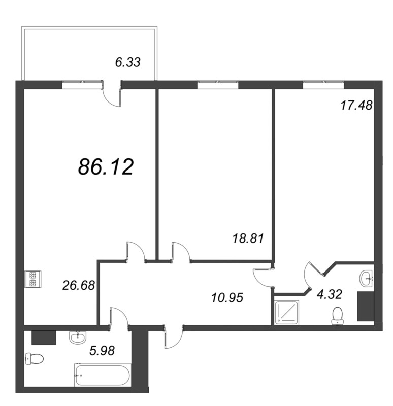 3-комнатная (Евро) квартира, 86.12 м² в ЖК "Bereg. Курортный" - планировка, фото №1