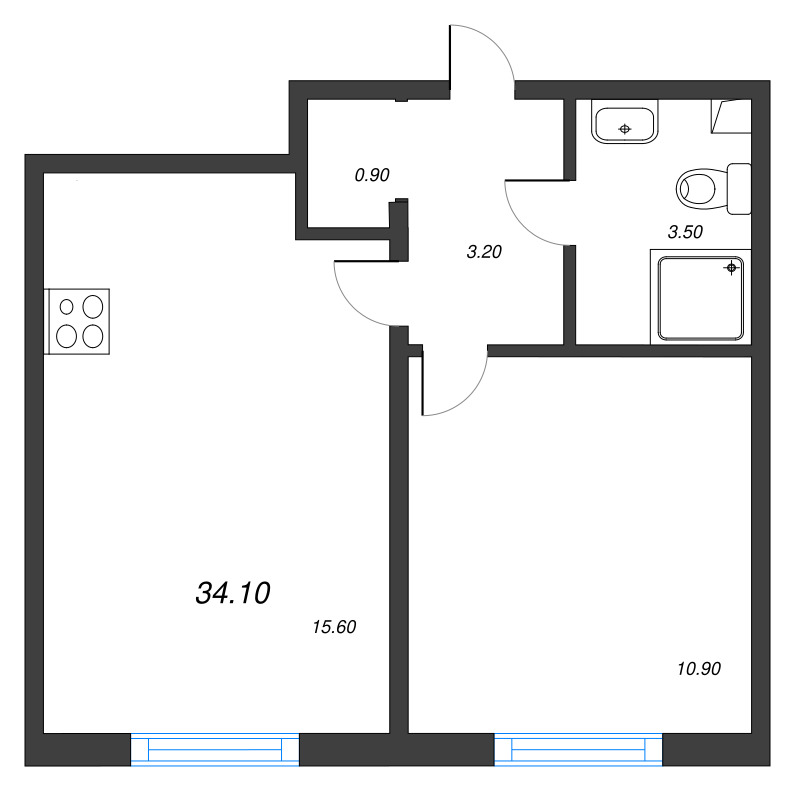 2-комнатная (Евро) квартира, 34.1 м² в ЖК "Дыбенко Парк" - планировка, фото №2